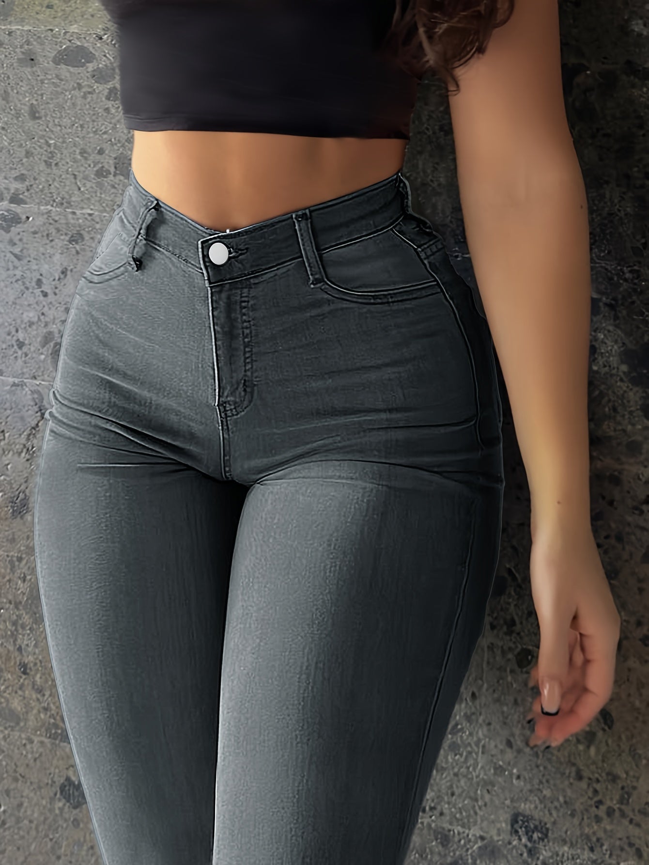 Einfarbige Röhrenjeans mit hoher Taille, elastische Streetwear-Jeans mit Knopfverschluss, Jeans und Kleidung für Damen